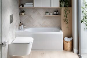 Rénovation d'une petite salle de bain avec carrelage géométrique moderne et baignoire.