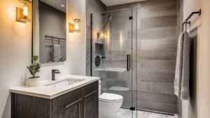 Rénovation d'une petite salle de bains moderne avec carrelage gris, murs blancs, rangements en bois sombre et porte vitrée ouverte du hammam sous un éclairage tamisé au plafond.